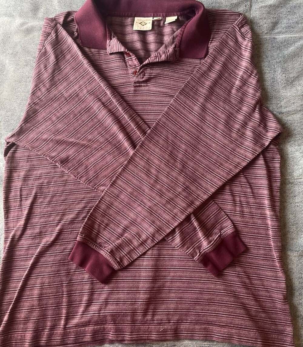 Joseph Abboud Long Sleeve Polo Shirt Burgundy Striped 100% Cotton